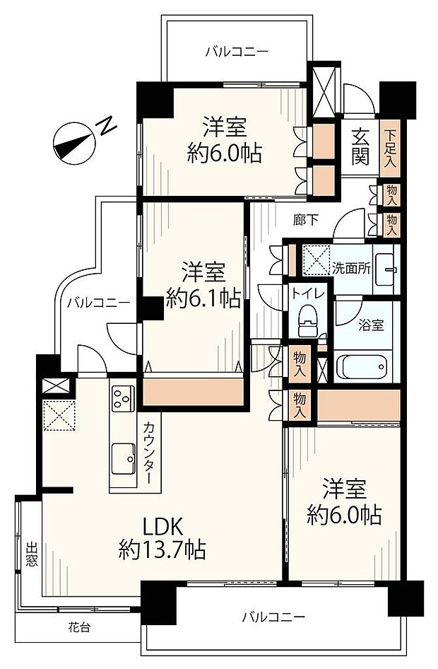 横浜東寺尾パークホームズ 最上階角部屋(3LDK) 5階の内観