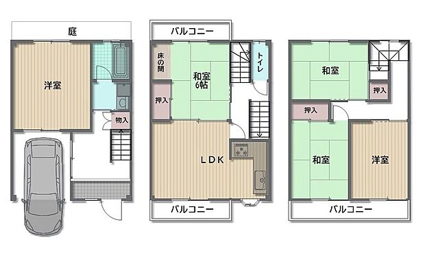 【間取り】和室3部屋ある5LDK。1階に南向きの庭、2・3階にバルコニーが備わった採光・通風良好な住まいです。ビルトインガレージ有り(車種による)。