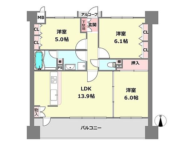 西宮戎前アーバンコンフォート(3LDK) 14階の間取り図