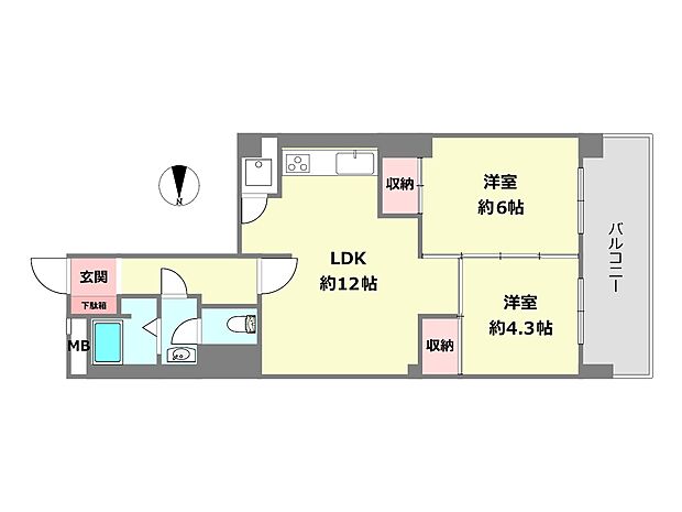 芦屋パレスハイツ南館(2LDK) 2階の間取り図