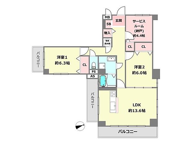 仁川グリーンハイツ(2SLDK) 6階の内観