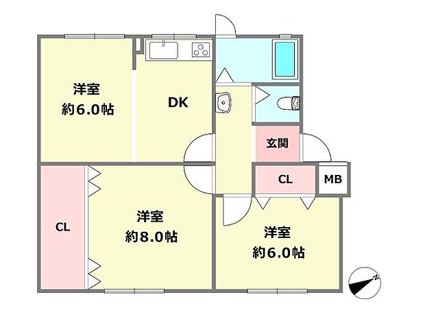 鶴甲コーポ12号棟(2DK) 1階の間取り図