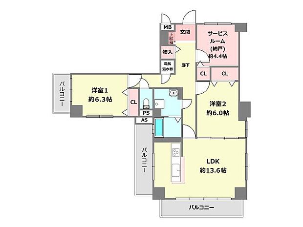 仁川グリーンハイツ(2SLDK) 6階の間取り図