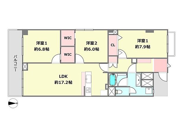 シーアイマンション第3夙川(3LDK) 6階の間取り図