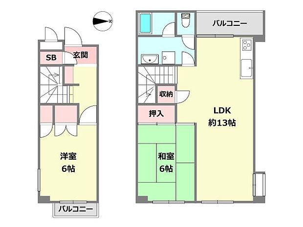 夙川ビューハイツC棟(2LDK) 6階の間取り図