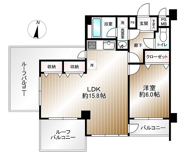 3ヶ所バルコニー、採光箇所が多く開放的な約15.8帖のLDKと洋室約6帖の1LDK