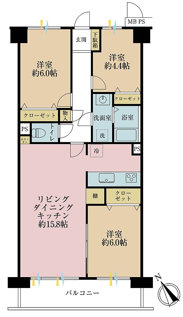 コスモ市川エルミタージュ(3LDK) 3階の間取り図