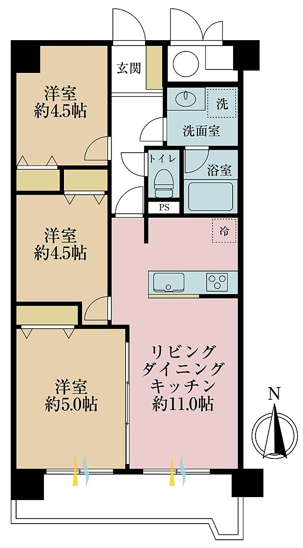 3ＬＤＫ、専有面積59．92平米、バルコニー面積8．12平米