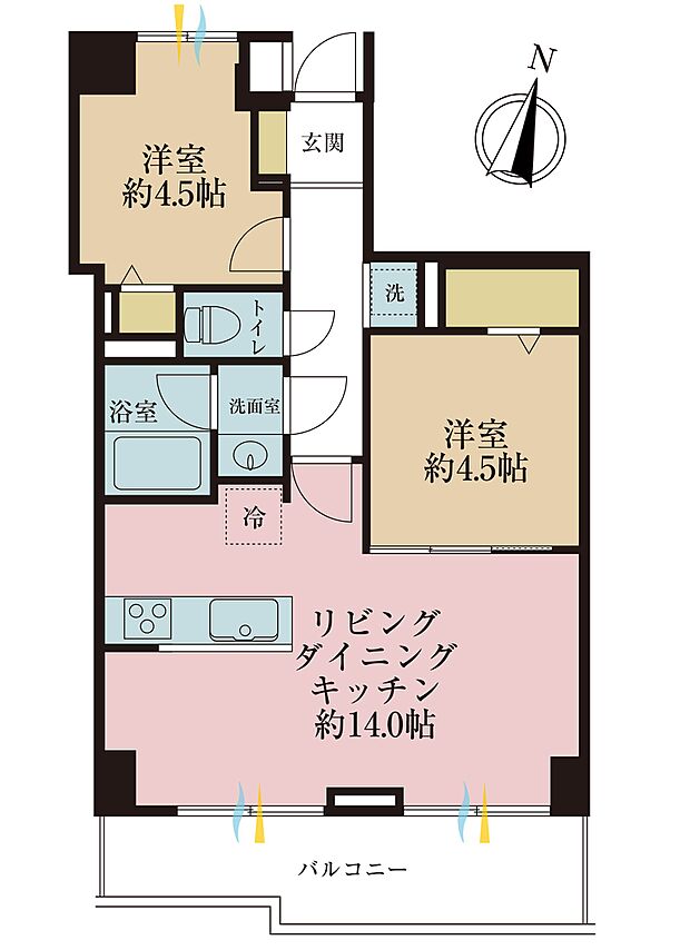 2ＬＤＫ、専有面積51．07平米、バルコニー面積7．56平米