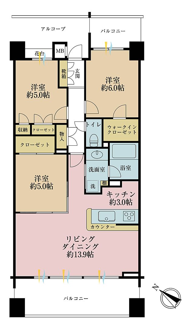 3ＬＤＫ、専有面積73．01平米、バルコニー面積17．31平米