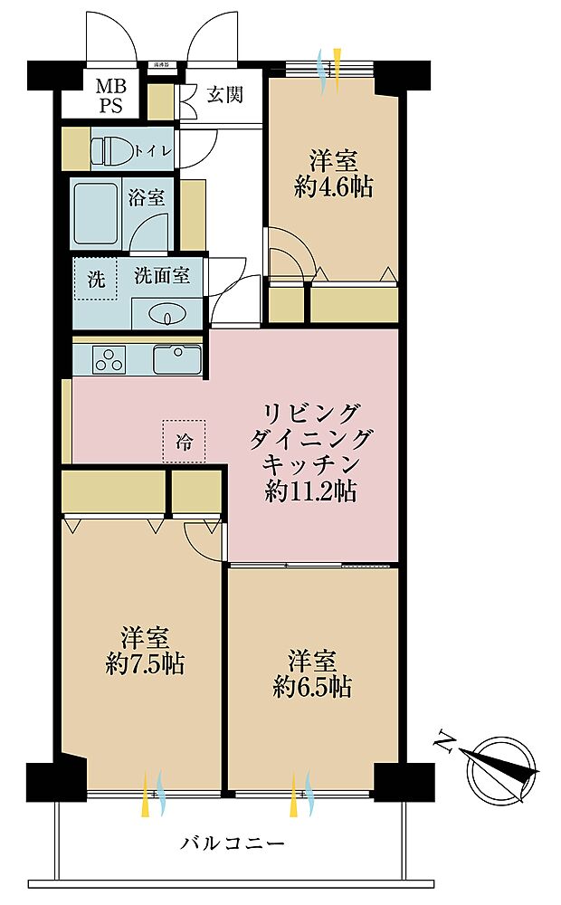 汐浜サンハイツ1(3LDK) 7階の間取り図