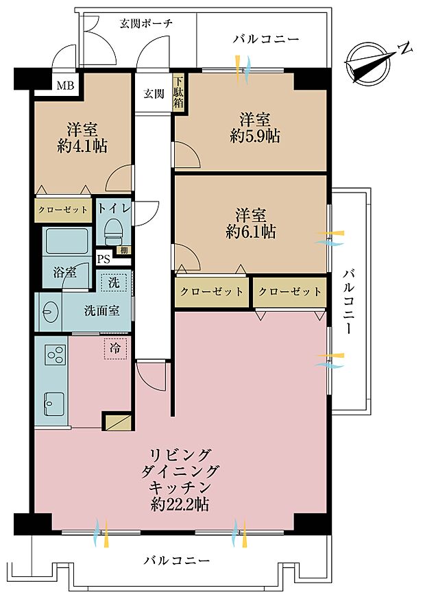 3ＬＤＫ、専有面積75．02平米、バルコニー面積7．5平米