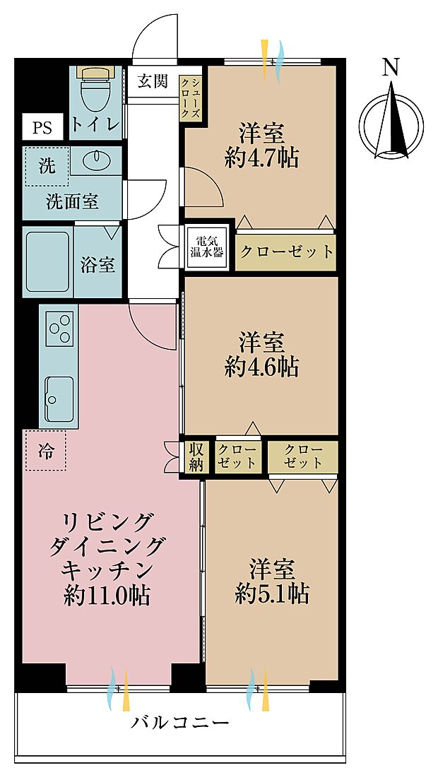 3ＬＤＫ、専有面積57．75平米、バルコニー面積6．6平米