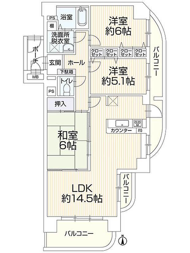 スカイハイツ今宿(3LDK) 4階の間取り図