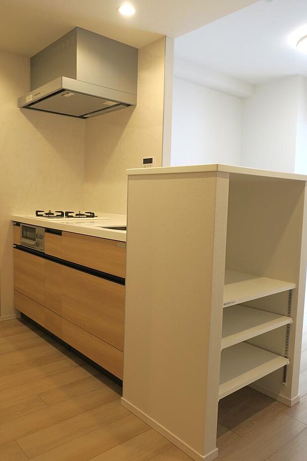 キッチンは人気の対面式。天板横には可動棚付きの収納有り