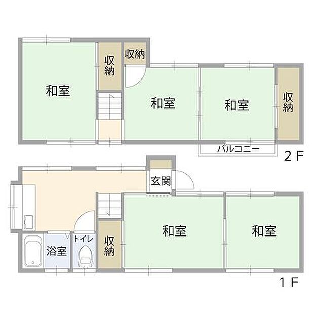 2階建て5Kタイプの中古戸建1階：25.26m2（キッチン・和室2部屋）　2階：21.53m2（和室3部屋）
