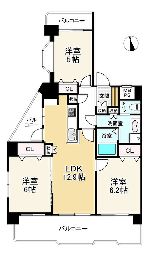 ライオンズマンション六本松(3LDK) 3階の間取り図