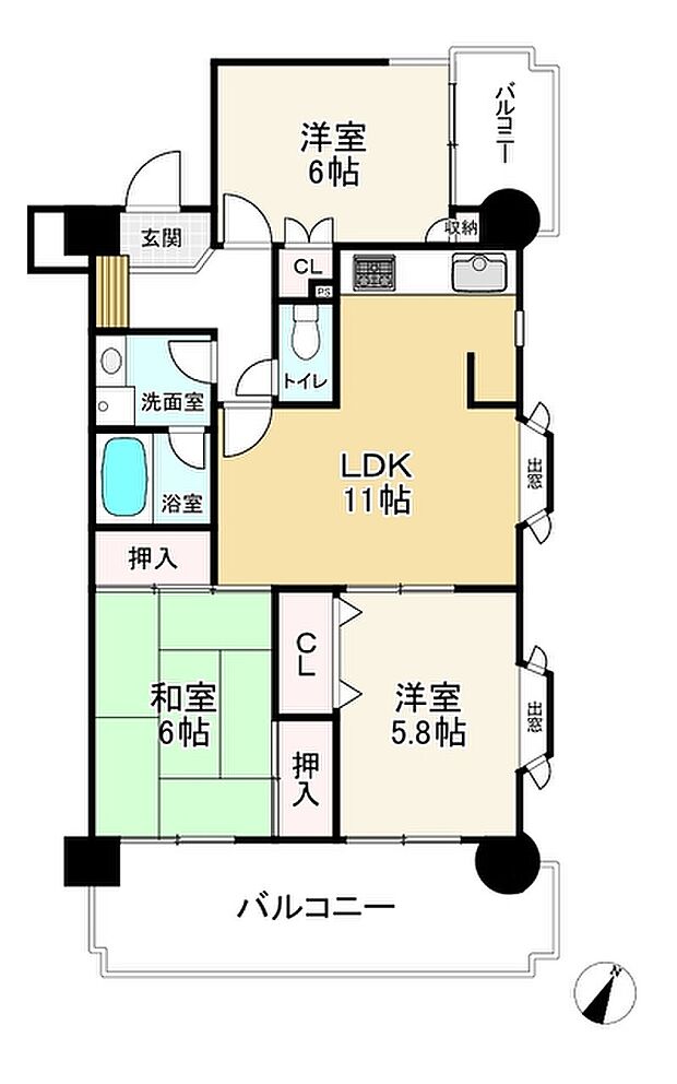 シティマンション大名(3LDK) 8階の間取り図