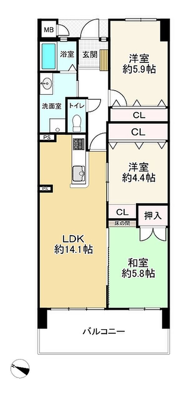 ライオンズマンションマキシム大橋(3LDK) 3階の間取り図