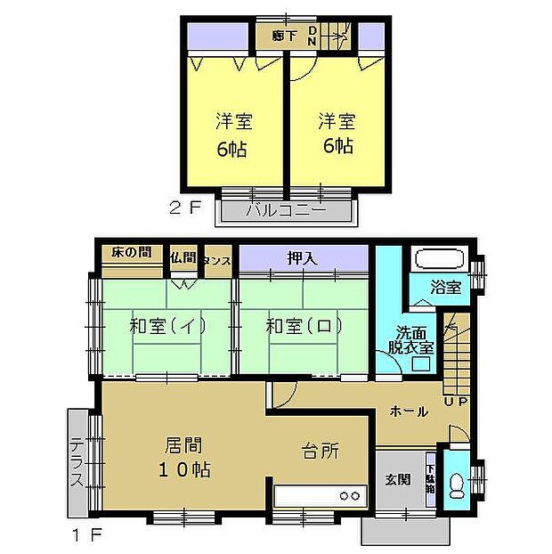 【間取図】1階1部屋・2階2部屋の3LDKです。1階には続き間で12帖の和室がございます。