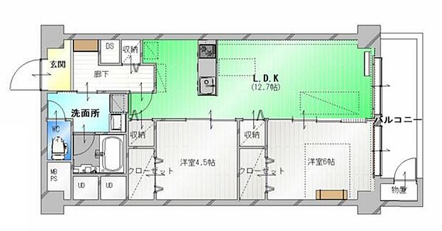 パークサイド船橋(2LDK) 6階/610号室の間取り図