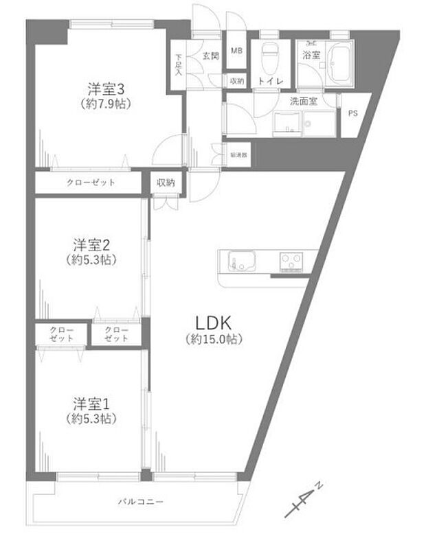 東船橋和光台ハイツ二号棟(3LDK) 6階/609号室の間取り図
