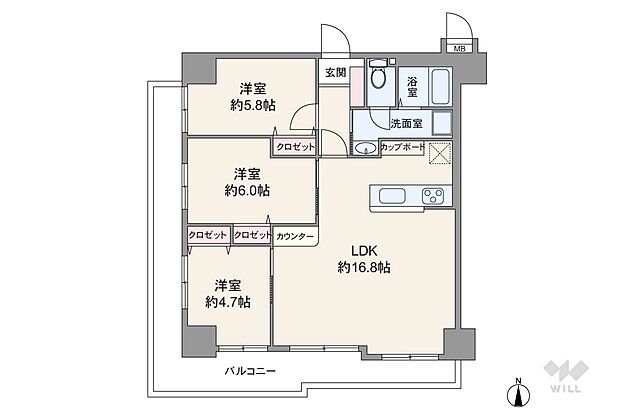 カルム西伊丹(3LDK) 8階の間取り図