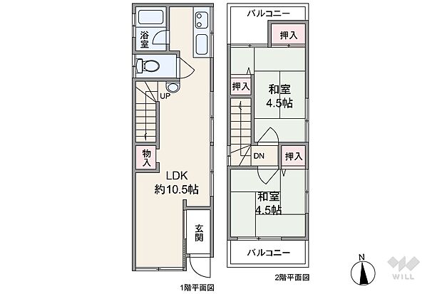 間取りは延床面積46.07平米の2LDK。廊下が短く居住空間を広く確保したプラン。リビング階段仕様で家族の動きがわかって安心です。