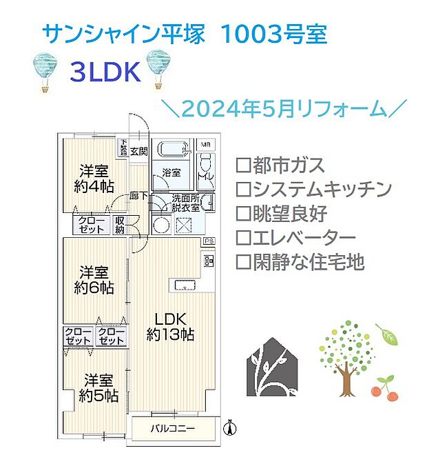 サンシャイン平塚(3LDK) 10階/1003号室の間取り図