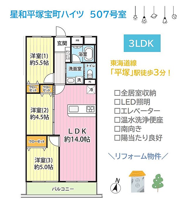 星和平塚宝町ハイツ(3LDK) 5階/507号室の間取り図