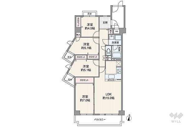 間取りは専有面積88.44平米の4LDK。全居室が洋室仕様のプラン。LD横の洋室は、リビングと繋げて使えます。キッチンは作業効率の良いL字型。バルコニー面積は11.9平米です。