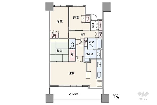 間取りは専有面積73.74平米の3LDK。開放的な横長リビングのプラン。廊下はクランク状で、玄関先から室内を見通しにくいプライバシーに配慮された造りです。和室はLDKと繋げて広々使える続き間。
