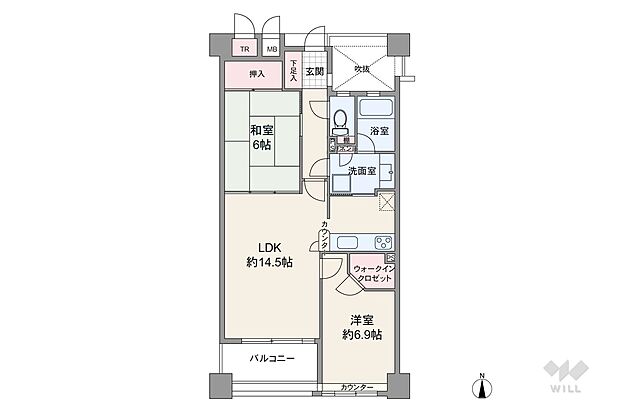 間取りは専有面積63.62平米の2LDK。LDK約14.5帖のプラン。バルコニー面積は5.94平米です。