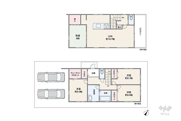 全居室6帖以上、お車2台並列駐車可能のゆとりある設計。2階リビングタイプで明るいお住まいです。