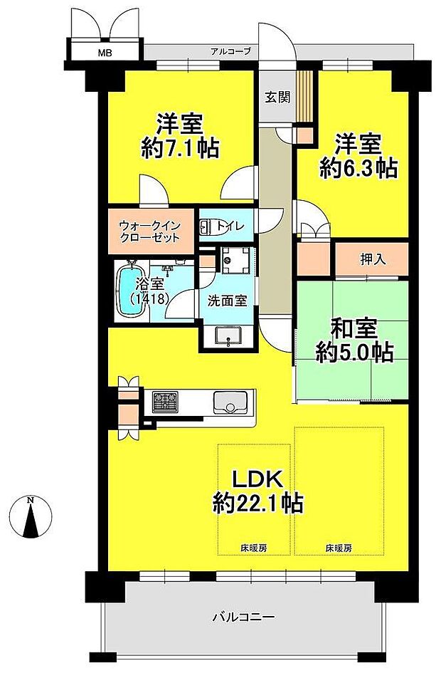 4LDKを3LDKプラン変更したリビング広々プラン。東南角部屋なので、東側には隣接住戸ありません。