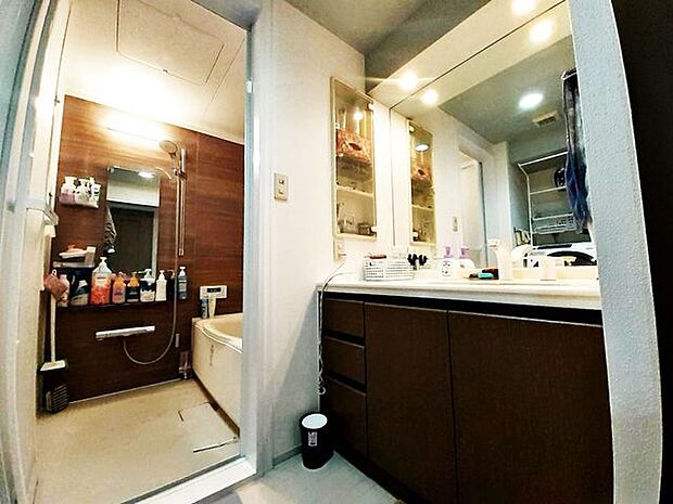 撮影　2023年　3月三面鏡にハンドシャワー付で使いやすい洗面台です。洗面脱衣室もゆったりの広さ。人気の三面鏡ドレッサーは、身支度に便利なだけでなく収納にも優れています。