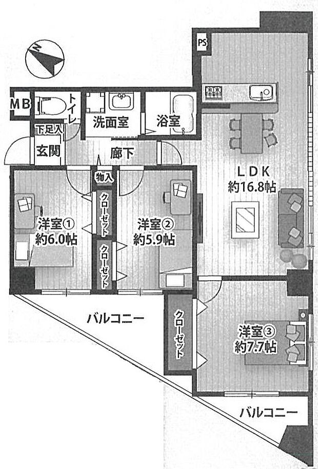 プレステージ明石大久保IV(3LDK) 4階の間取り図