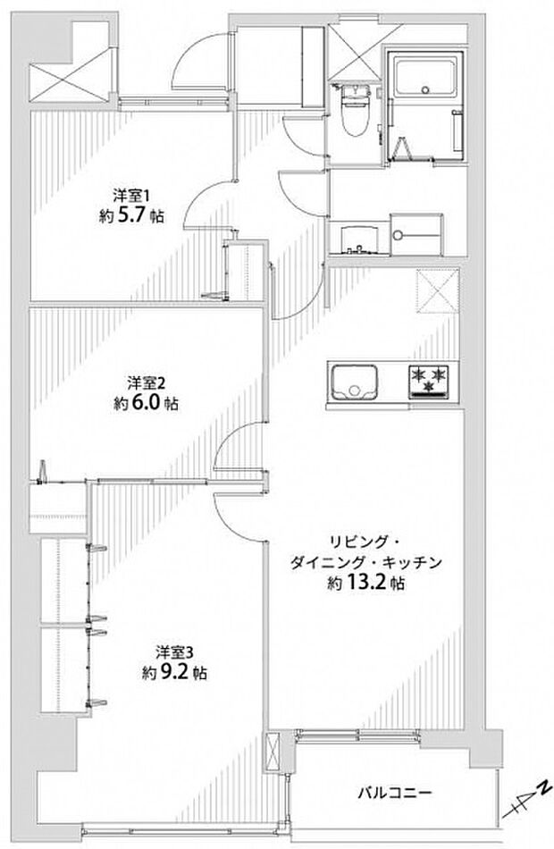 京王もなみマンション(3LDK) 3階/202の間取り図