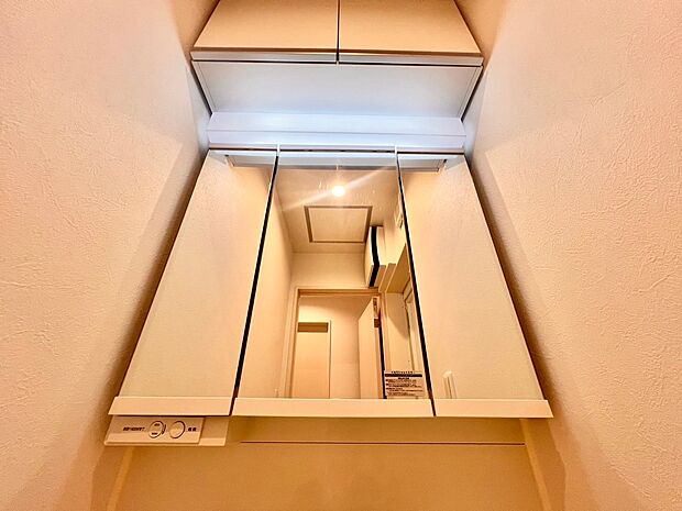 シンプルにまとめた室内はホテルライクな空間を創造しております。身だしなみのチェックがしやすい大きな鏡、鏡の裏には収納がたっぷり。棚もあるのでスッキリとした空間をお作りいただけます。