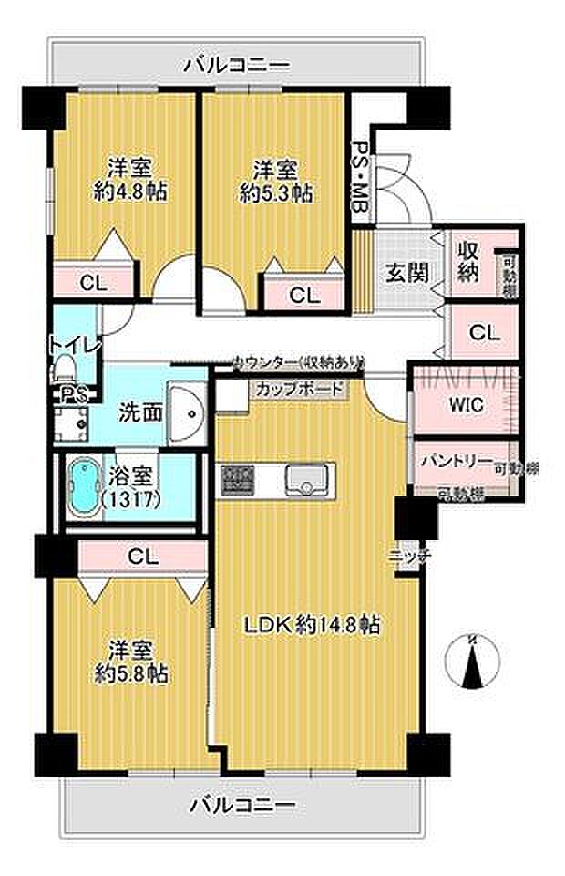 サンライトパストラル七番街B棟(3LDK) 3階の間取り図
