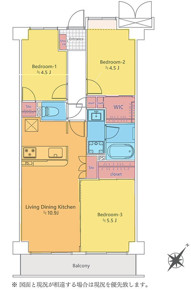 居室3部屋の3LDKです。全居室お手入れしやすい洋室です。