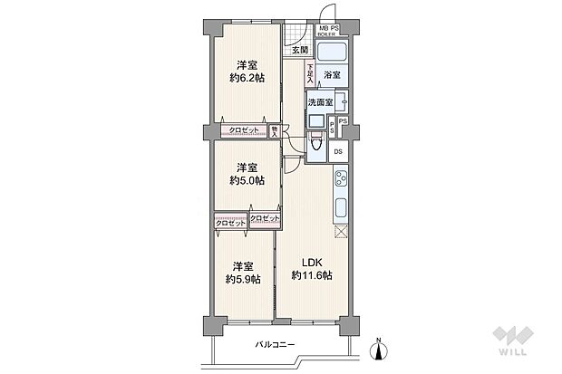 LDK約11.6帖の縦長リビングのプラン。LDKと続き間の洋室2室の引き戸の開閉で、部屋を繋げたり仕切ったり空間をフレキシブルに使用出来ます。全個室に収納あり。