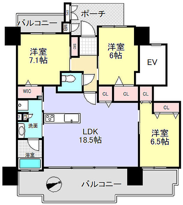 エイルマンション上之園(3LDK) 15階の間取り図