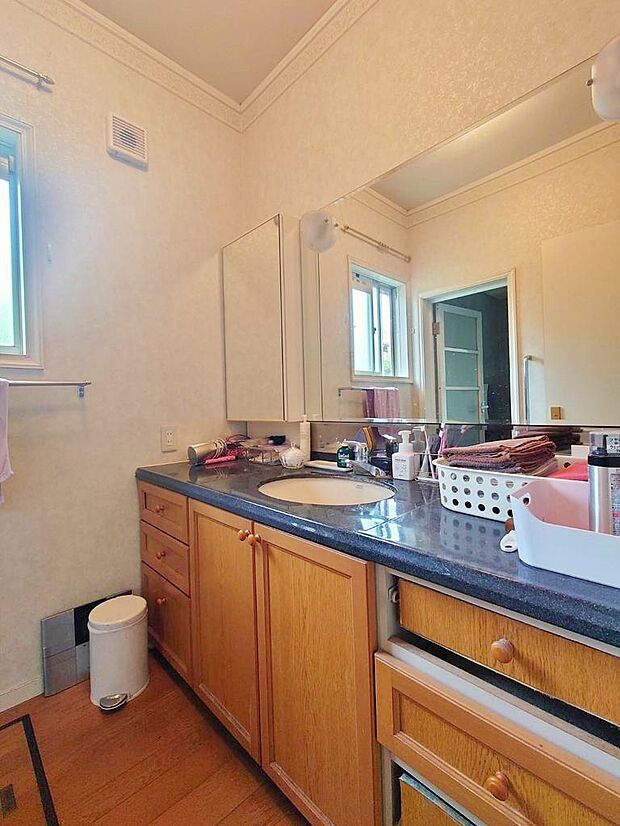 大きな鏡が魅力的な洗面台です。シャワーノズルは伸ばす事ができるので毎日のお手入れ楽チンです。