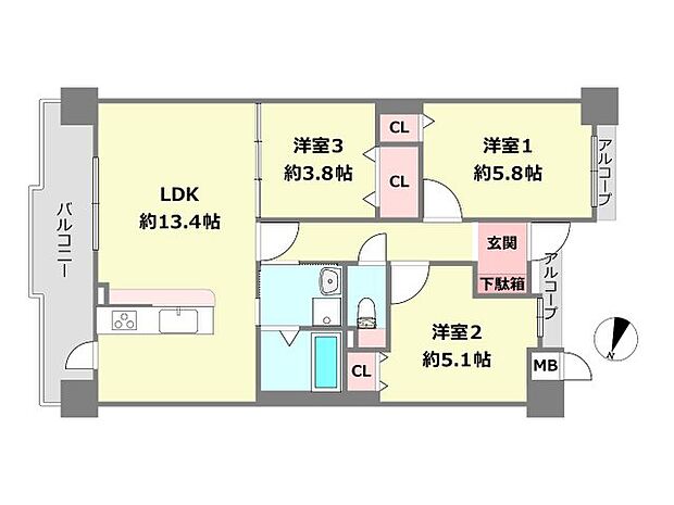 グローバル伊丹駅前(3LDK) 2階の間取り図