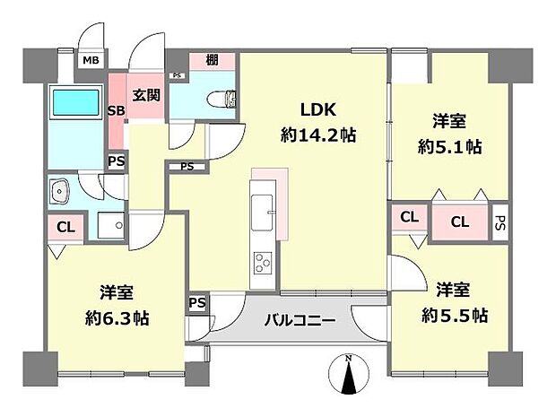 パレ北武庫之荘V壱号棟(3LDK) 3階の間取り図