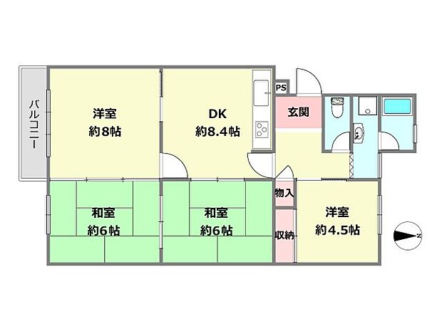 宝塚市光明住宅1号棟(4DK) 3階の間取り図