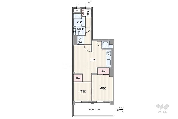 間取りは専有面積55.74平米の2LDK。LDKを通って個室2部屋に出入りするプラン。洋室同士は続き間になっています。バルコニー面積は9.70平米（概算）です。