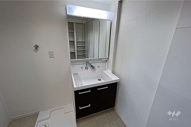 洗面室です。3面鏡・水栓下に収納スペースがございますのでドライヤーや化粧品、歯ブラシなどまとめて収納できます。