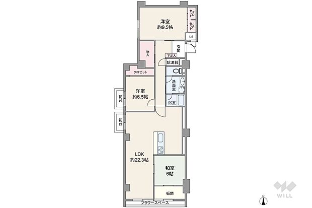 専有面積114.5平米の3LDK。広々LDKが魅力的なプラン。LDKを通って出入りする和室の奥には、板の間が設けられています。全居室6帖以上、洋室は2部屋とも収納スペースが大きめです。
